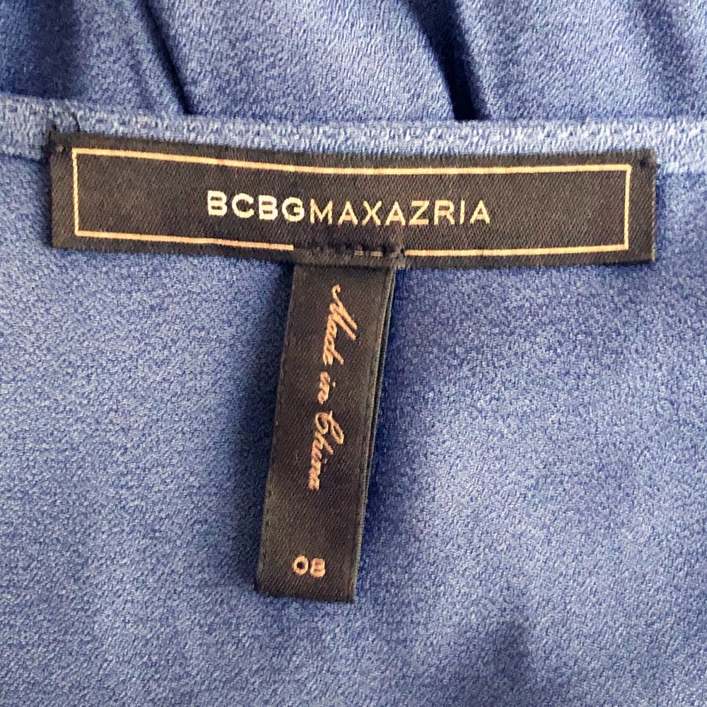 BCBGMAXAZRIA Blue Wrap Short-Sleeve Dress | Sheer Overlay | Size 8 - Picture 12 of 16